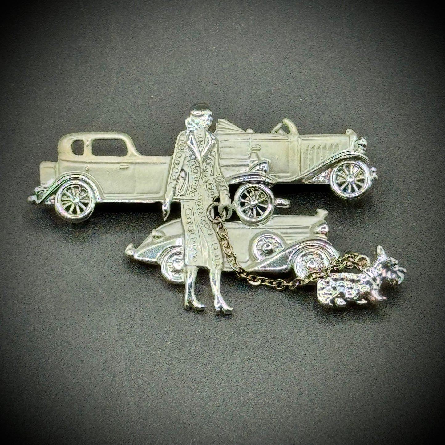 Vintage Art Deco Style Brooch with Woman, Cars & Scottie Dog