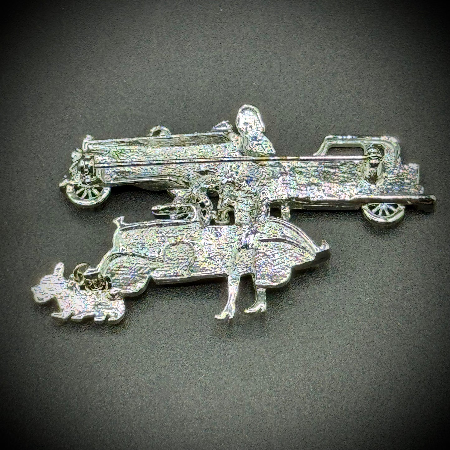 Vintage Art Deco Style Brooch with Woman, Cars & Scottie Dog