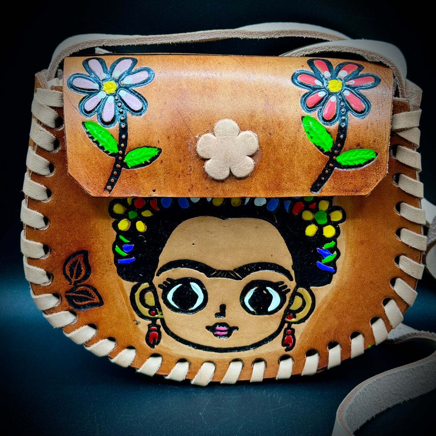 Hand Tooled Leather Artisan Made Frida Kahlo Motif Purse