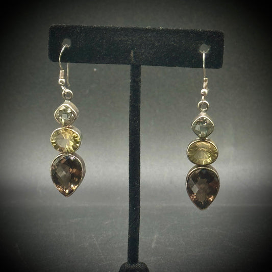 Heavy Sterling Silver Earrings with Smokey Quartz, Peridot & Aquamarine Stones