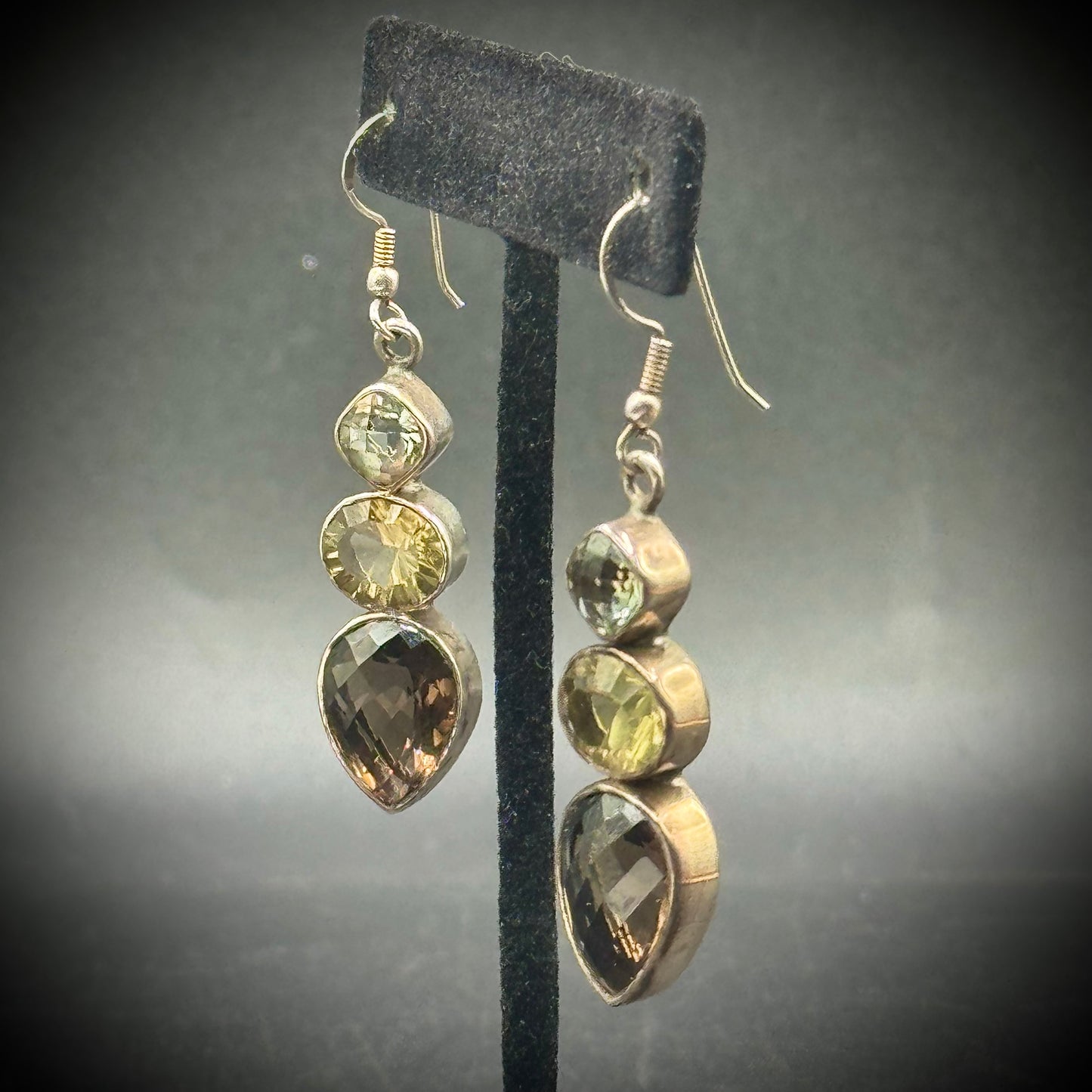 Heavy Sterling Silver Earrings with Smokey Quartz, Peridot & Aquamarine Stones