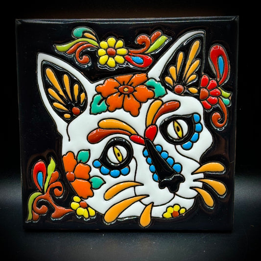 Talavera Artisan Made Dios de Los Muertos Cat Tile/Trivet