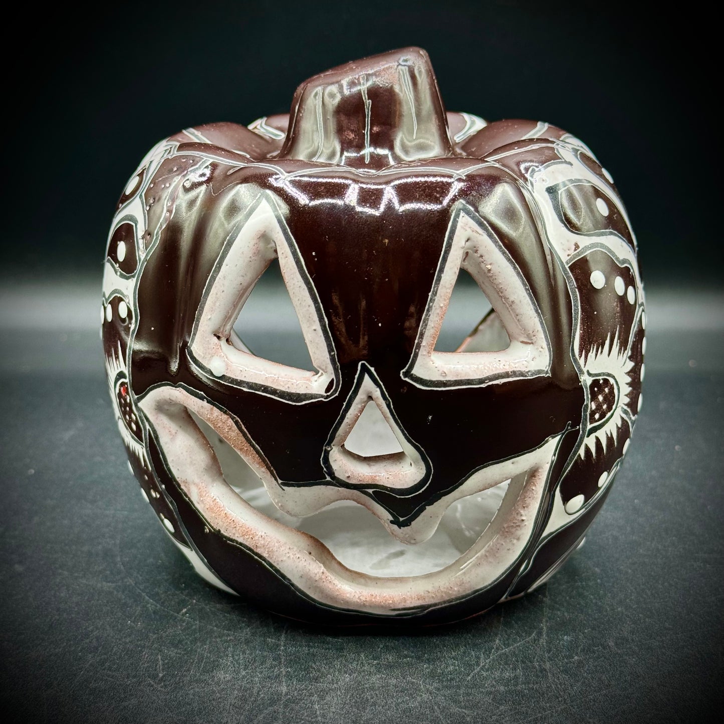 Hand Made Artisan Talavera Black & White Pumpkin Votive