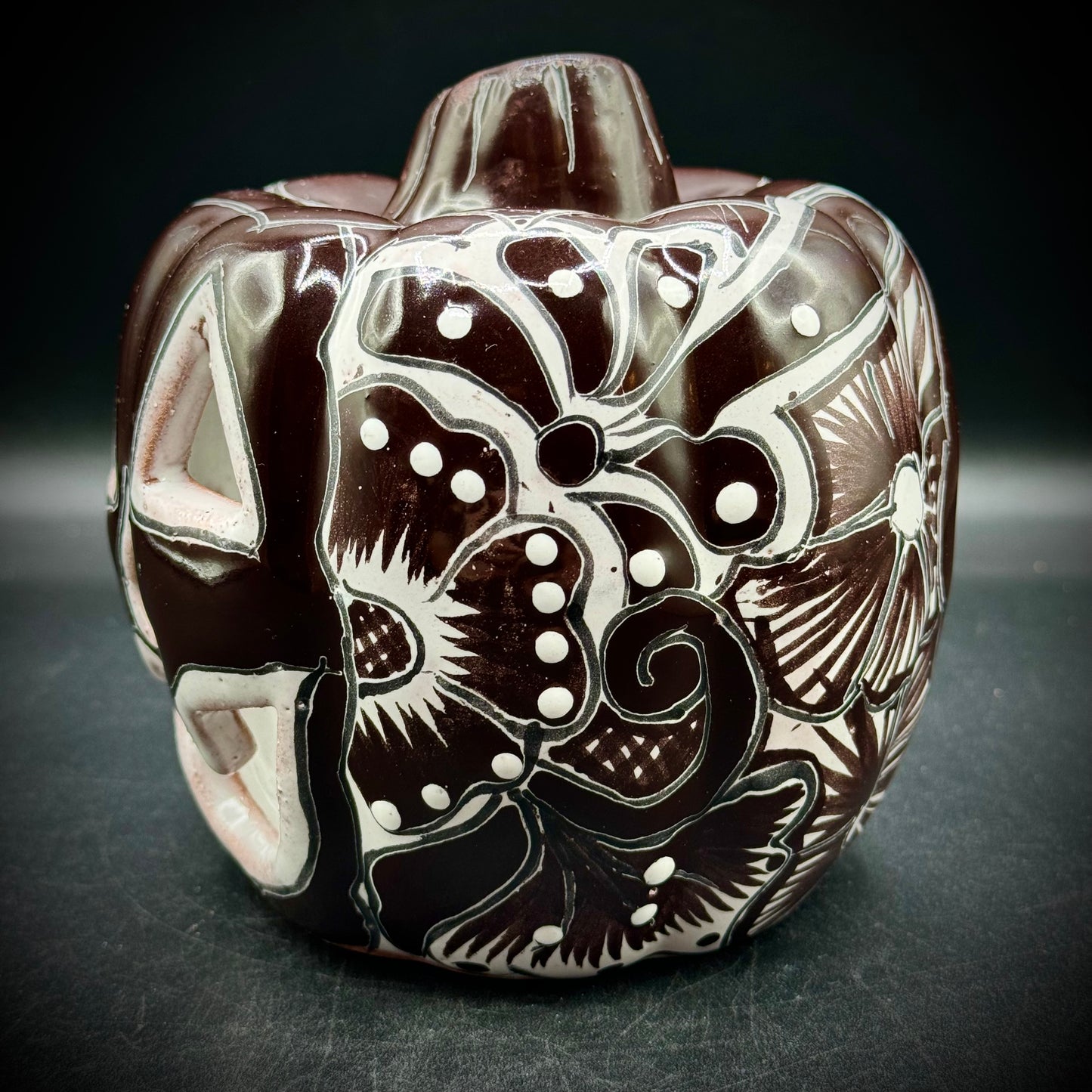 Hand Made Artisan Talavera Black & White Pumpkin Votive