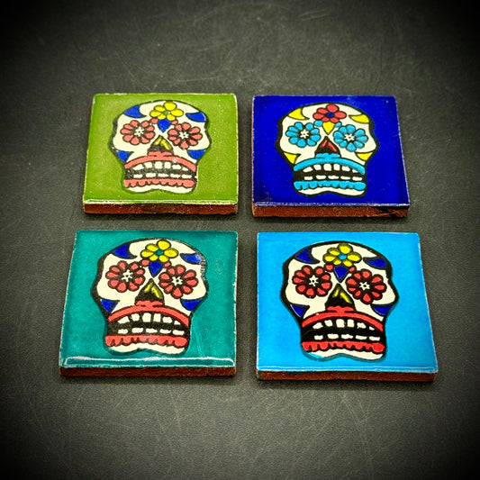 Set of 4 Multi-Colored Dios de Los Muertos Skull Mini Tiles