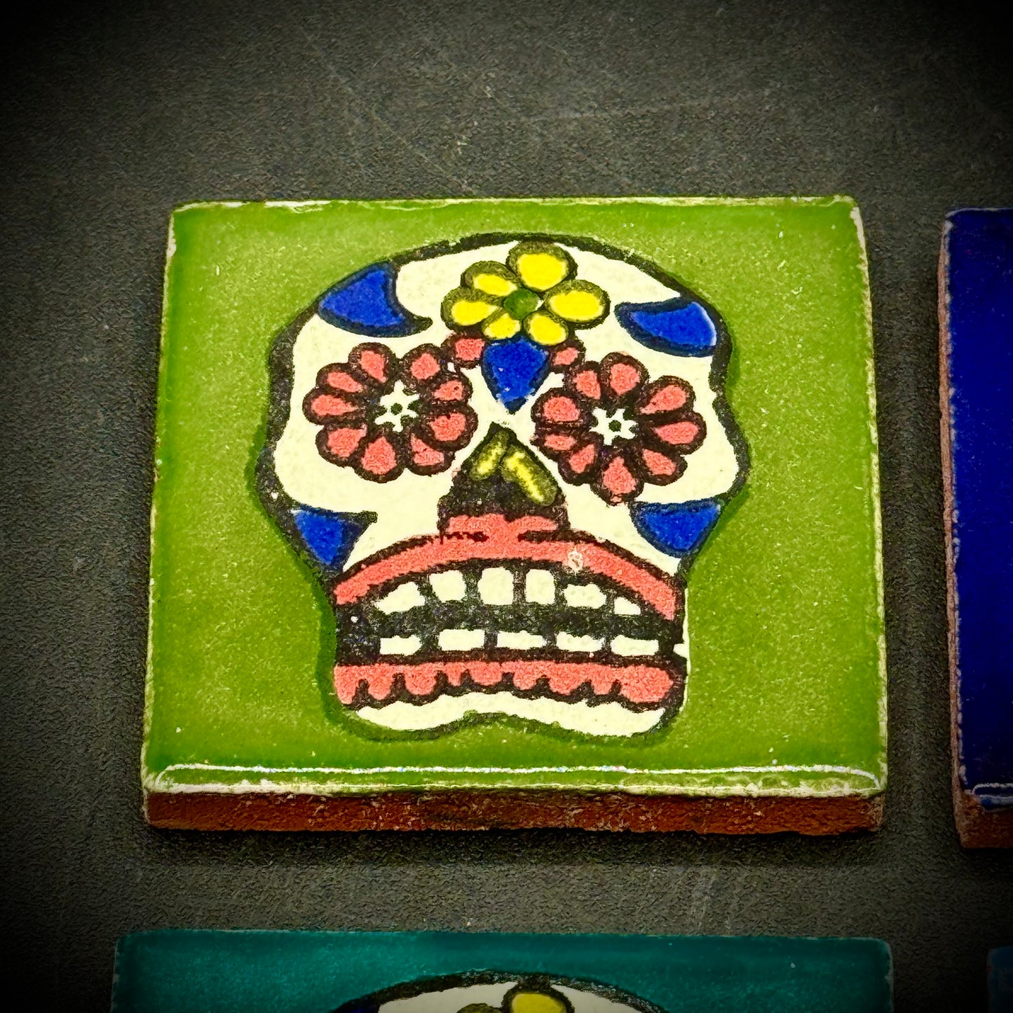 Set of 4 Multi-Colored Dios de Los Muertos Skull Mini Tiles