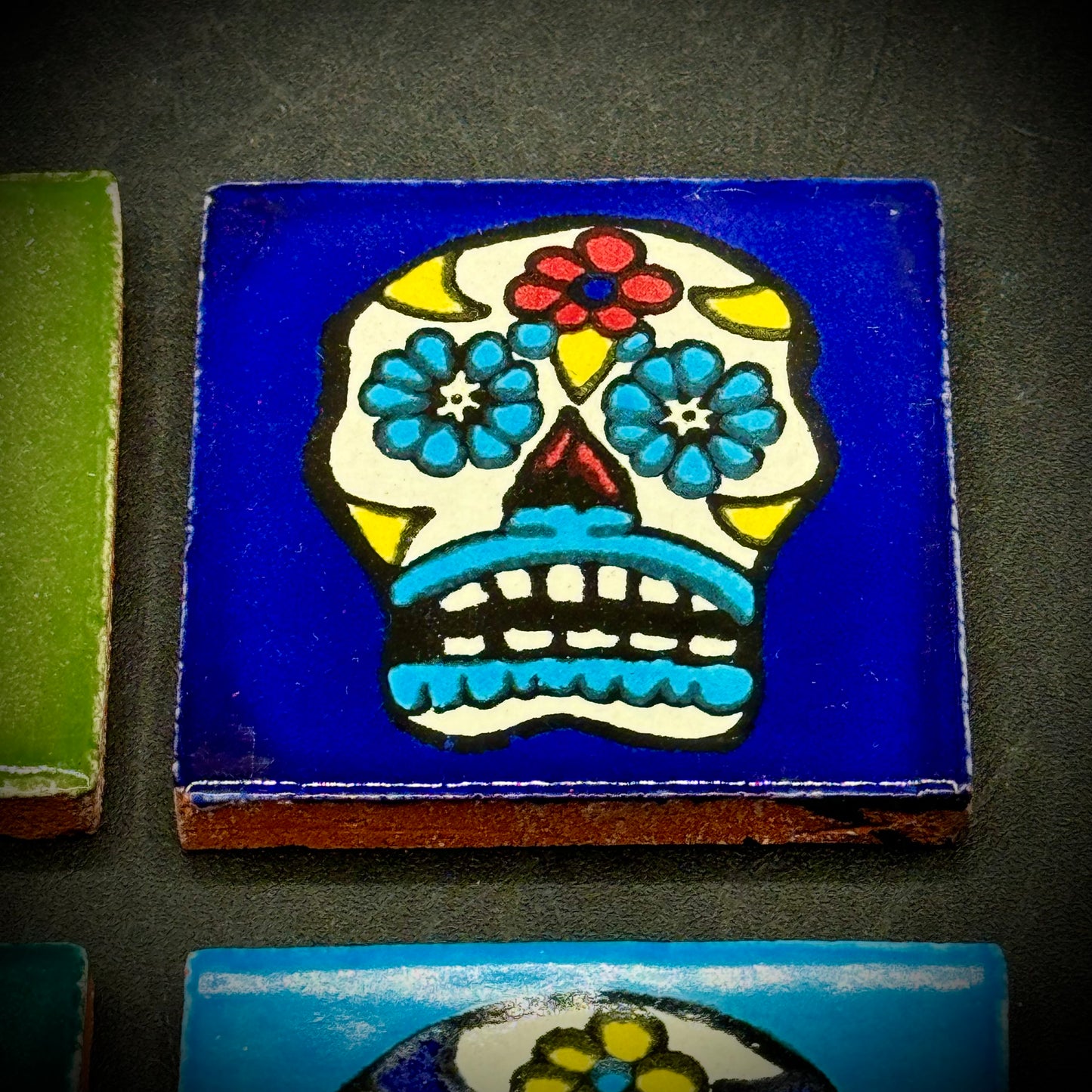 Set of 4 Multi-Colored Dios de Los Muertos Skull Mini Tiles