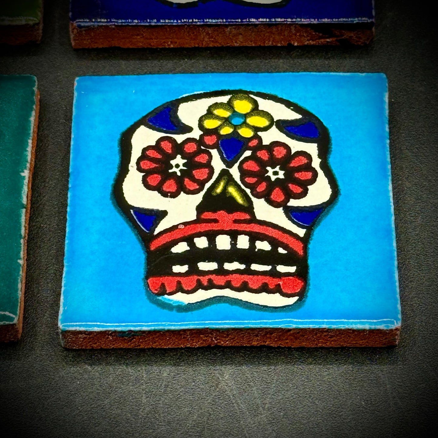 Set of 4 Multi-Colored Dios de Los Muertos Skull Mini Tiles