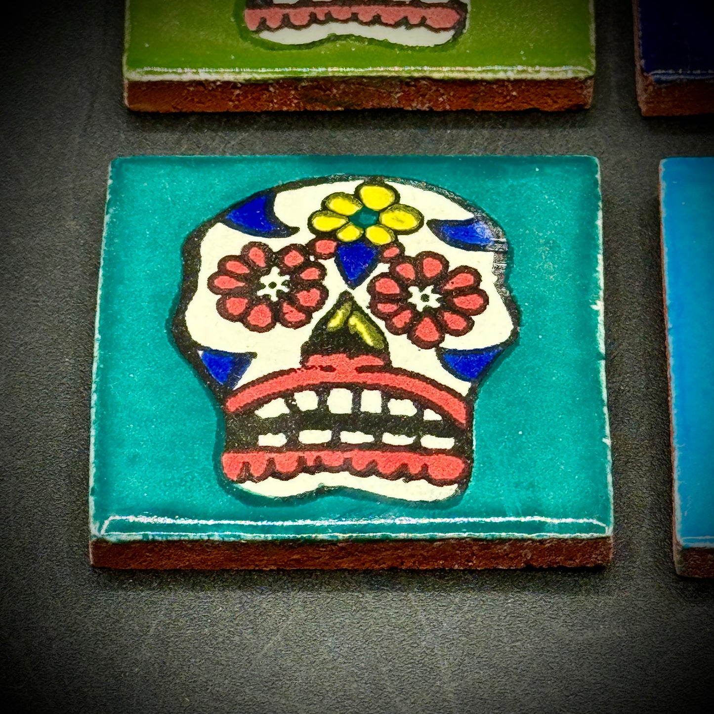 Set of 4 Multi-Colored Dios de Los Muertos Skull Mini Tiles