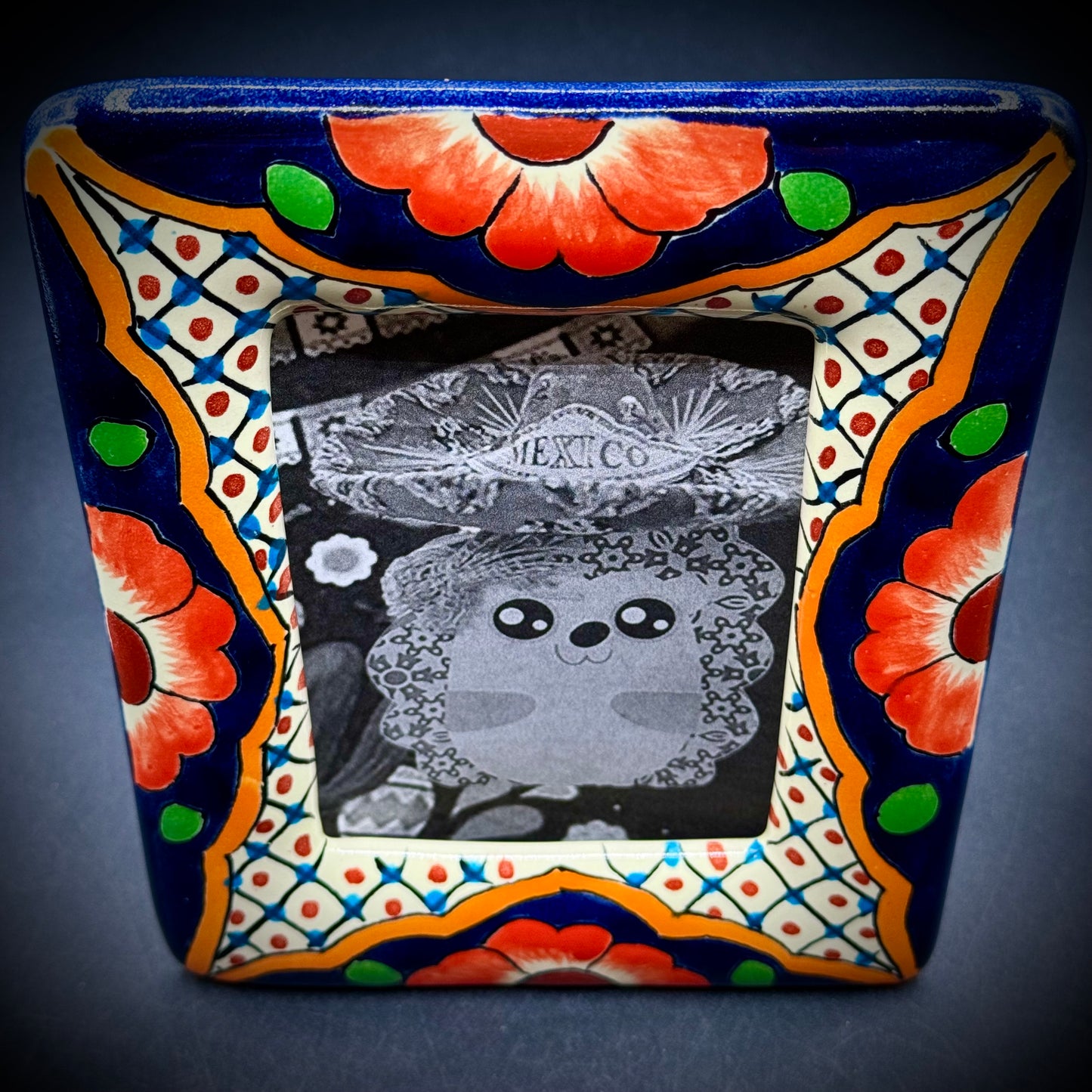 Amazing Vibrant Talavera Pottery Standing Photo Frame w/Fiesta Roadie Photo