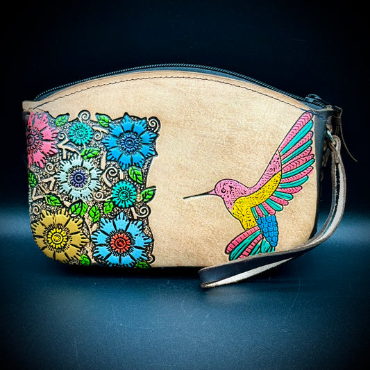 Hand Tooled Leather Hummingbird Wristlet Purse