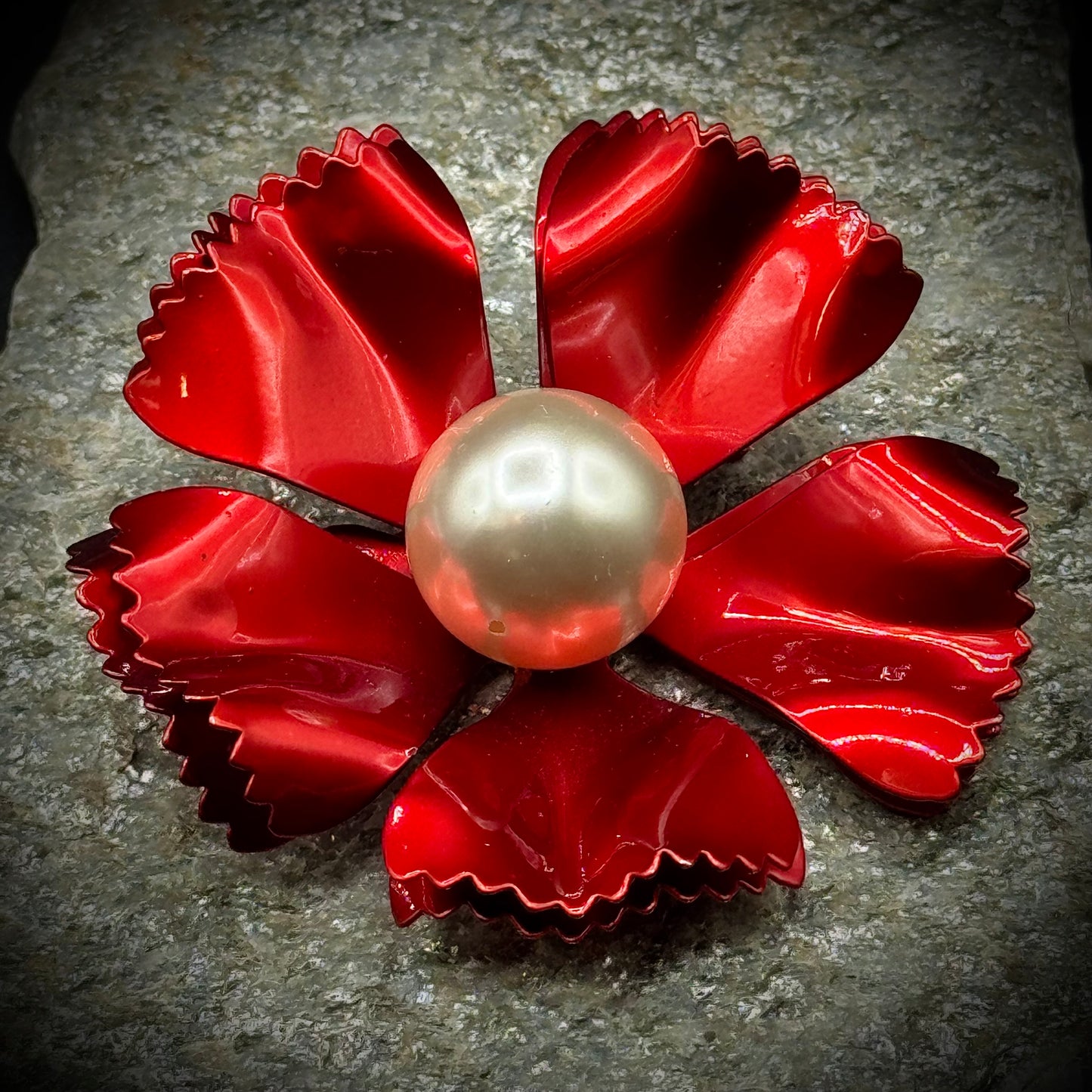 Vintage Large Red Metal Flower Brooch with Pearl