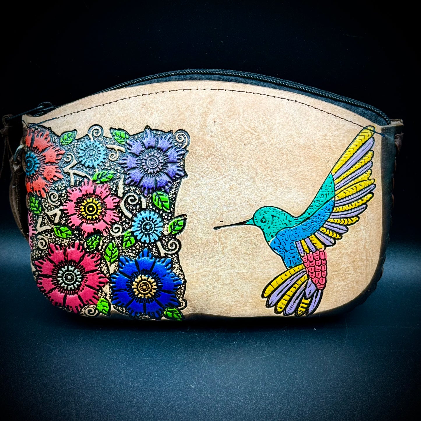 Hand Tooled Leather Hummingbird Wristlet Purse