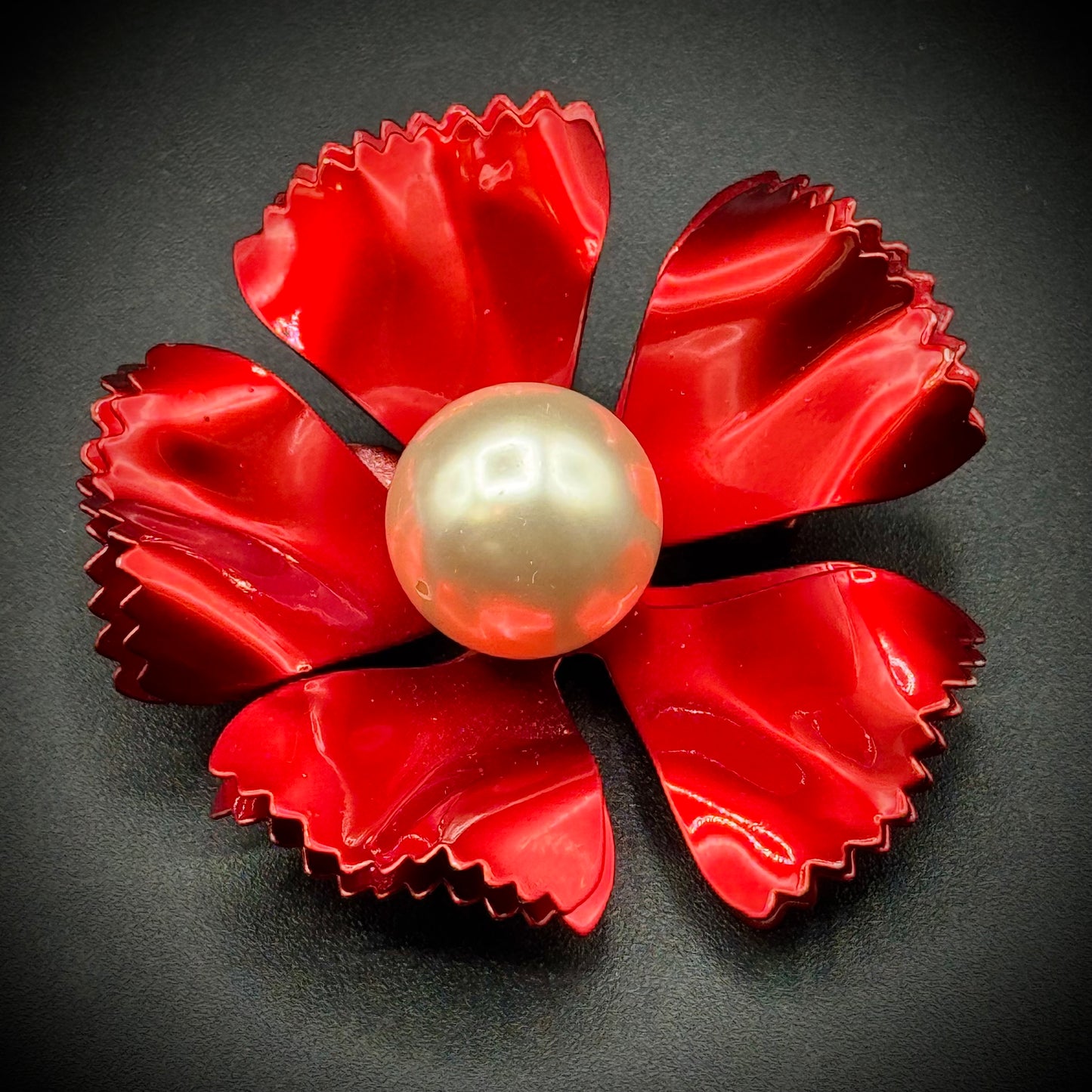 Vintage Large Red Metal Flower Brooch with Pearl