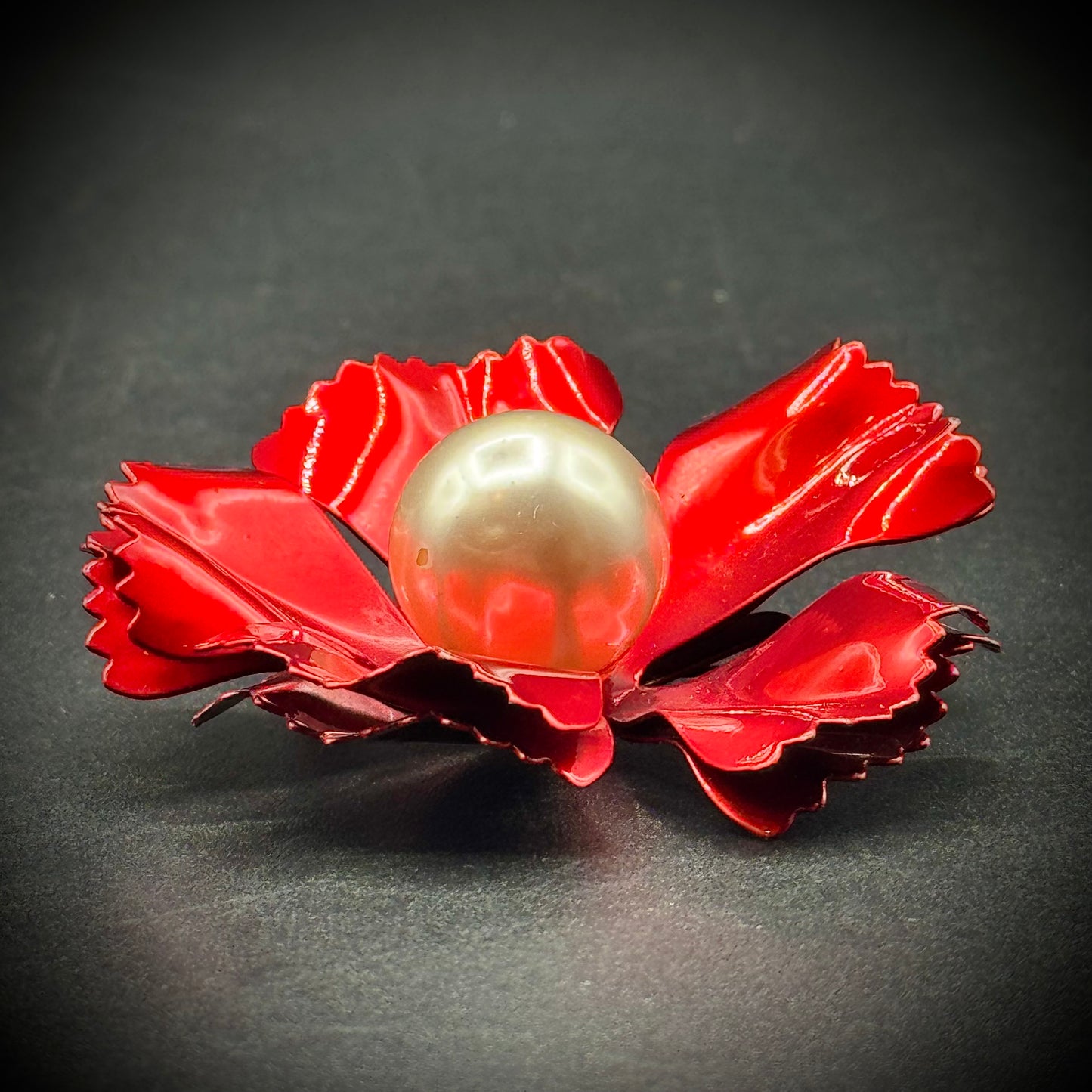 Vintage Large Red Metal Flower Brooch with Pearl