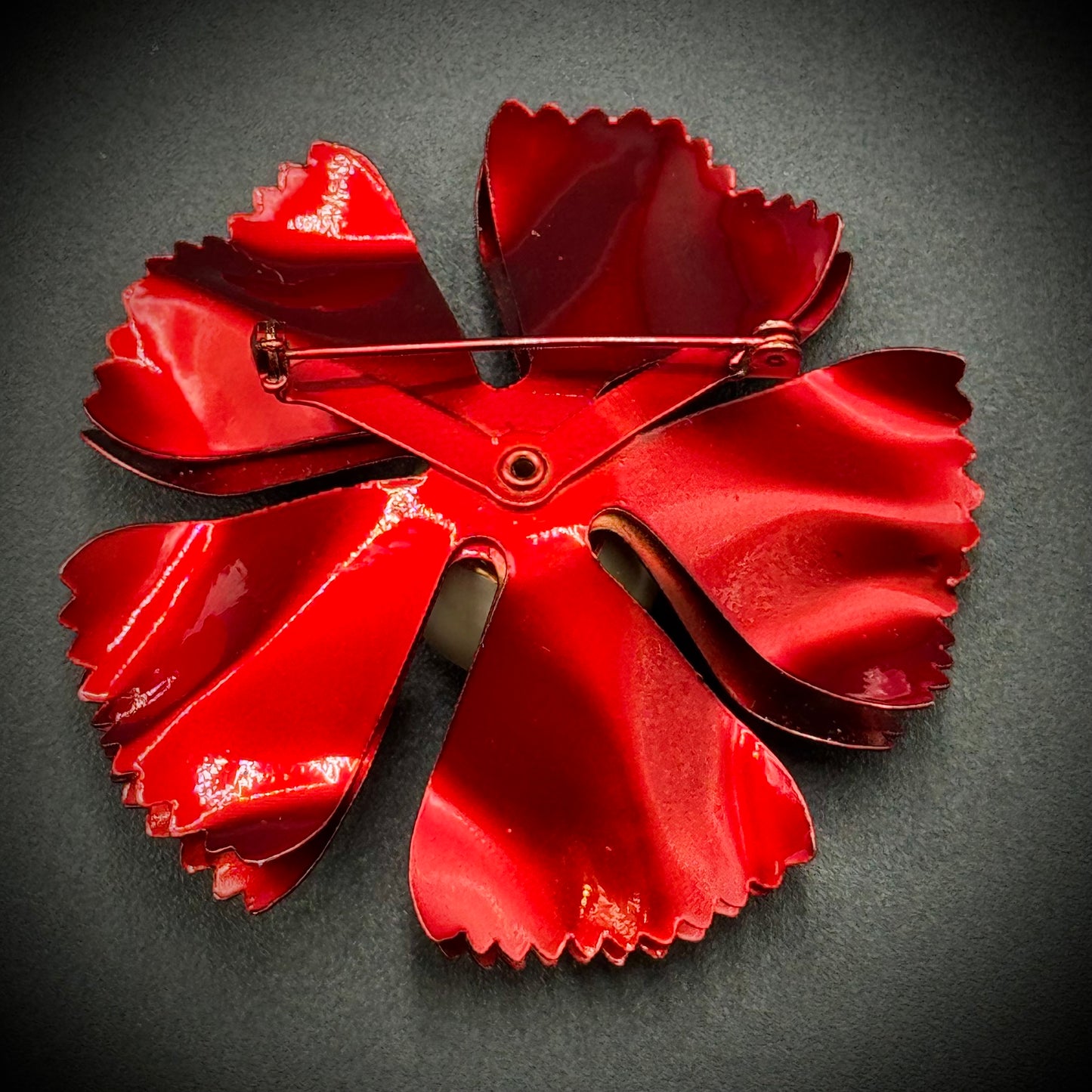 Vintage Large Red Metal Flower Brooch with Pearl