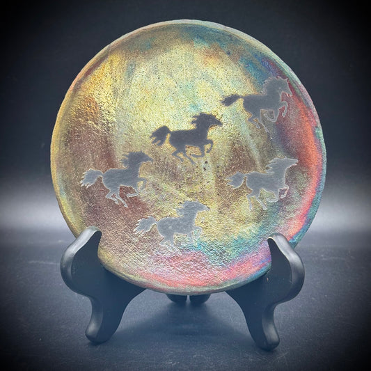 Artist Ben Diller Signed Raku Horse Motif Dish with Easel