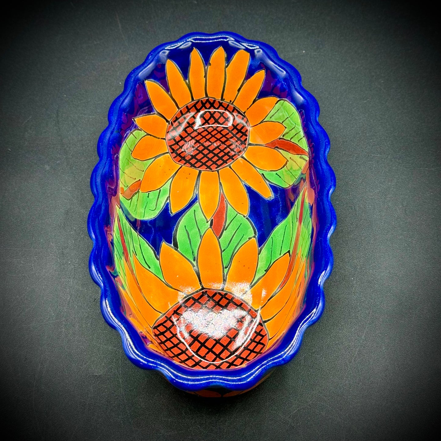 Artisan Pottery Sunflower Oval Dish Signed Garay