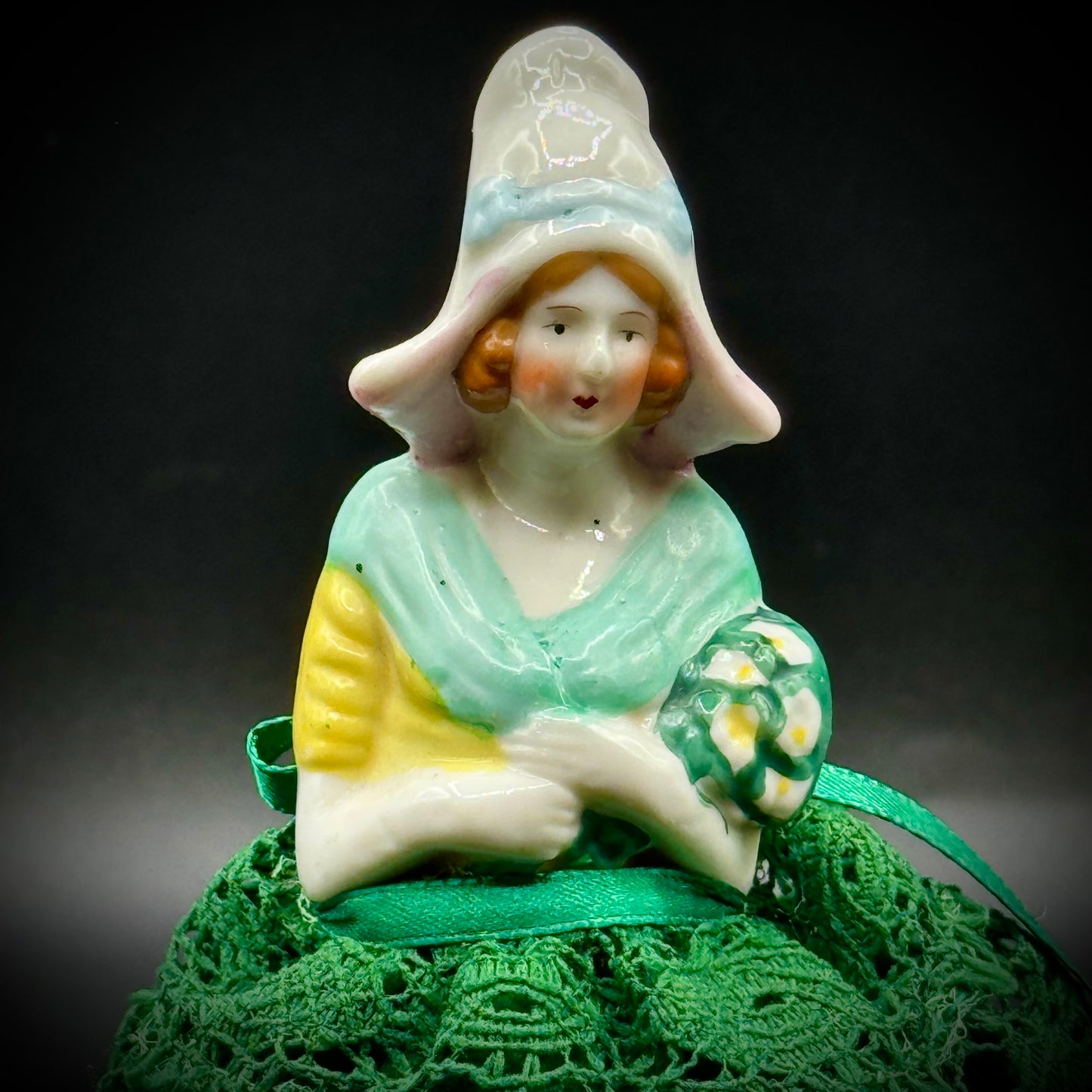 Vintage Japan Porcelain Pin Cushion - Green Lace & Satin Ribbon