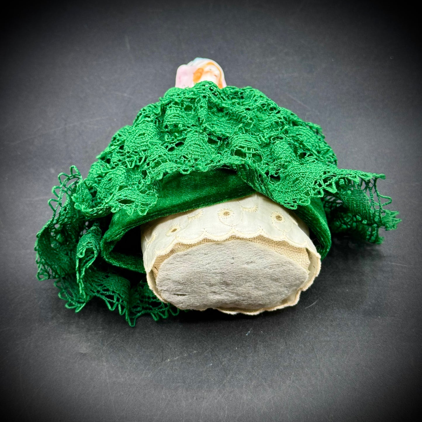 Vintage Japan Porcelain Pin Cushion - Green Lace & Satin Ribbon