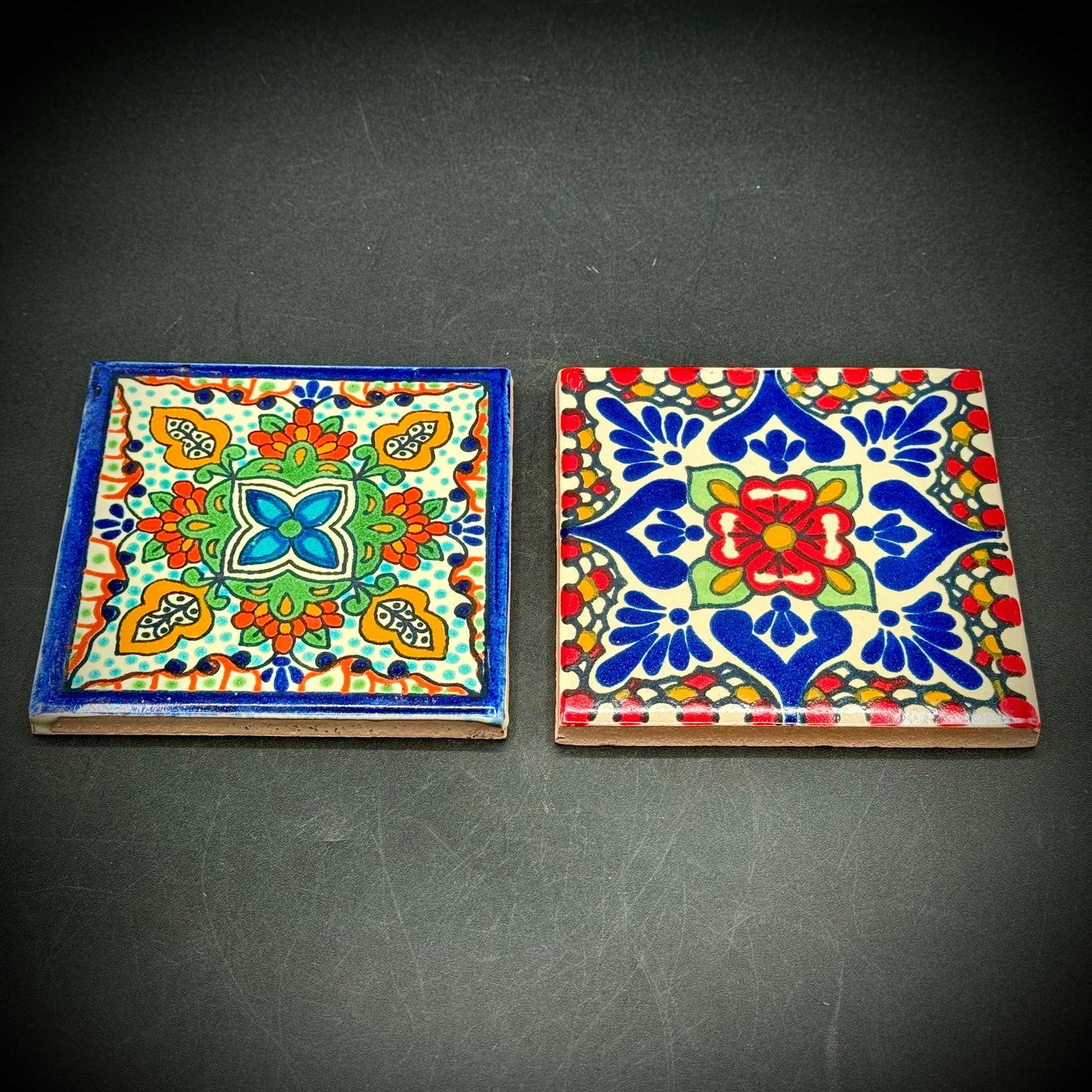 Pair of Hand Made Artisan Talavera Floral Motif Tiles/Trivets