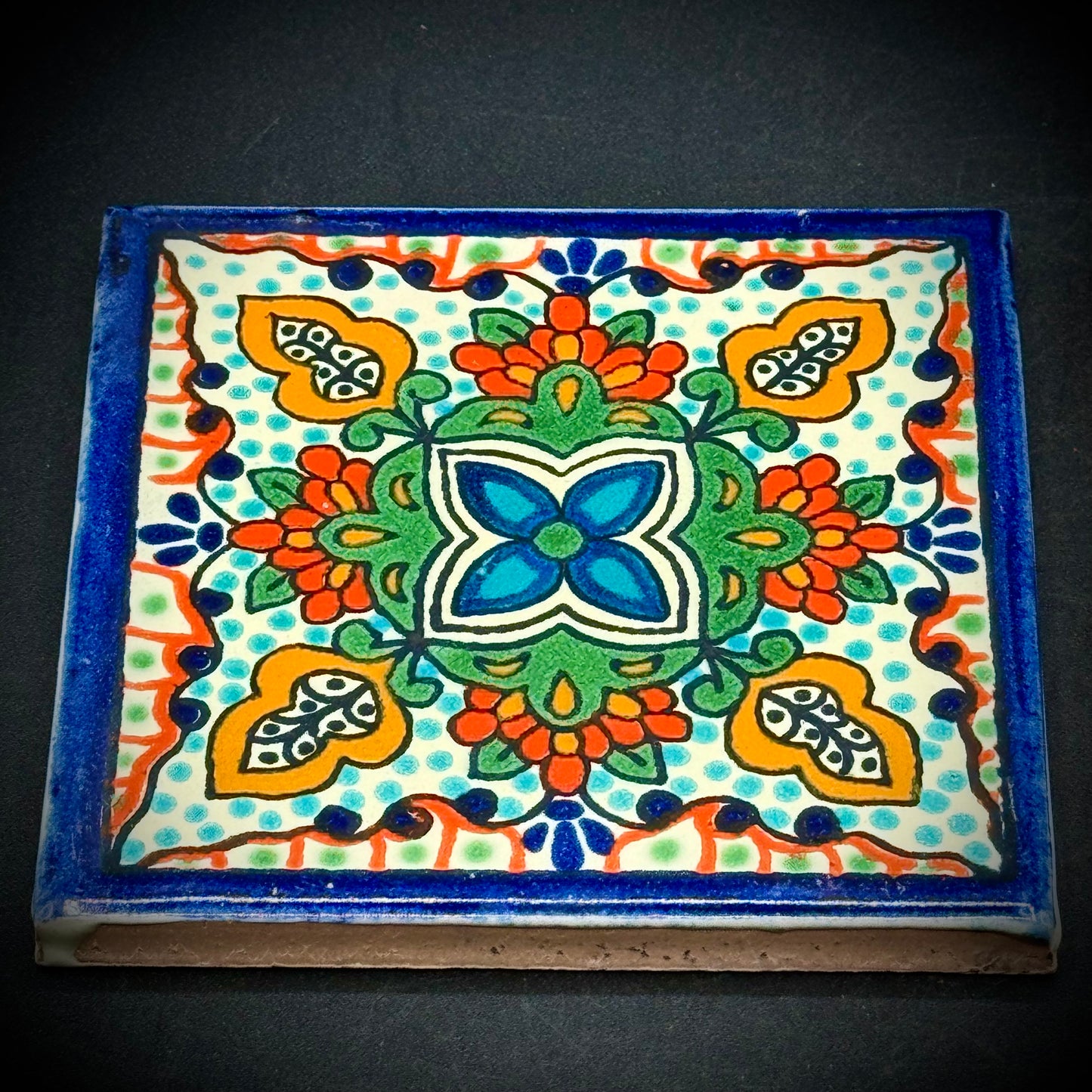 Pair of Hand Made Artisan Talavera Floral Motif Tiles/Trivets