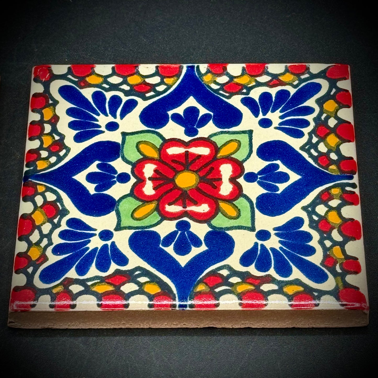 Pair of Hand Made Artisan Talavera Floral Motif Tiles/Trivets