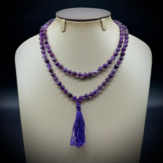 Long Natural Amethyst Bead Necklace with Tassel