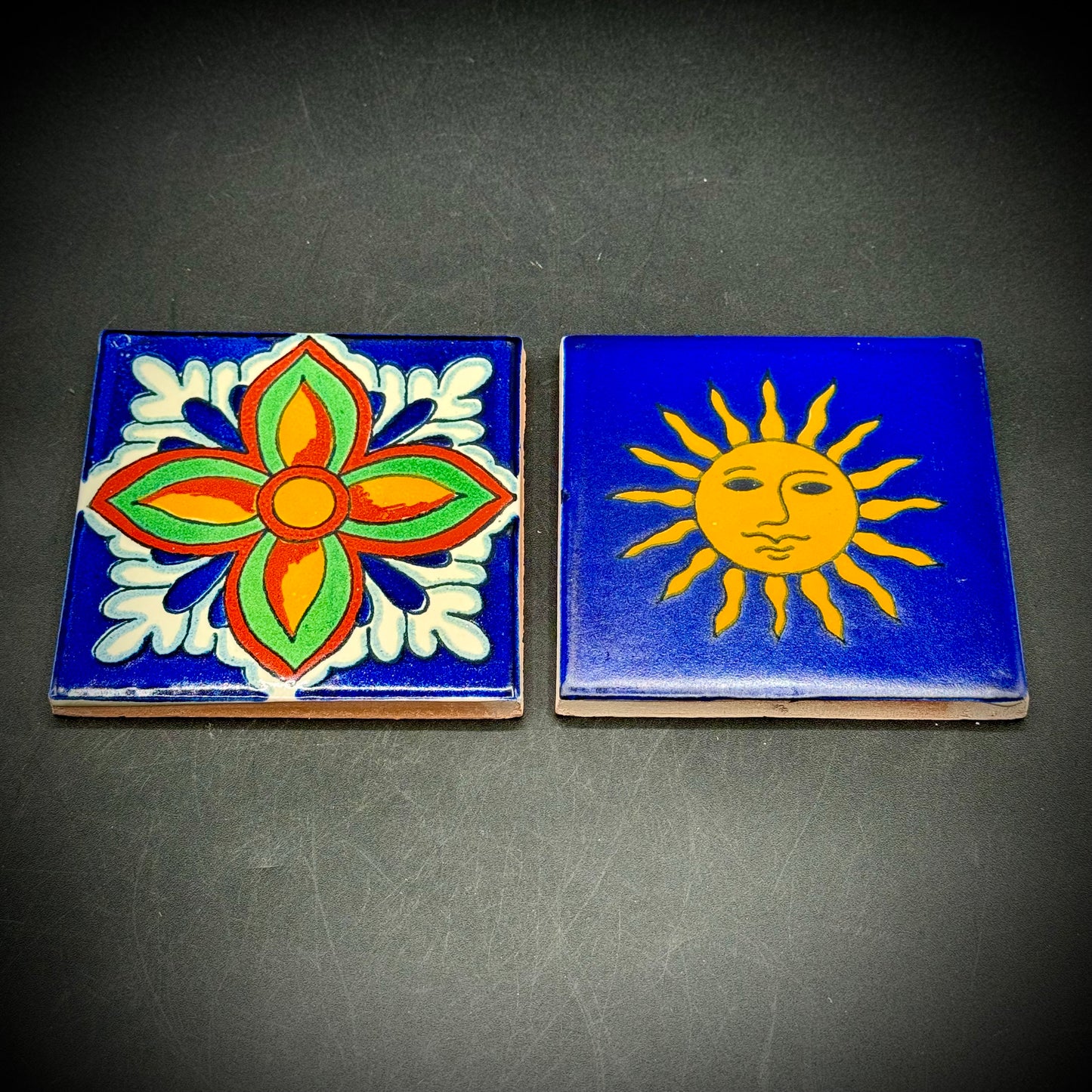 Pair of Hand Made Artisan Talavera Sun & Flower Motif Tiles/Trivets