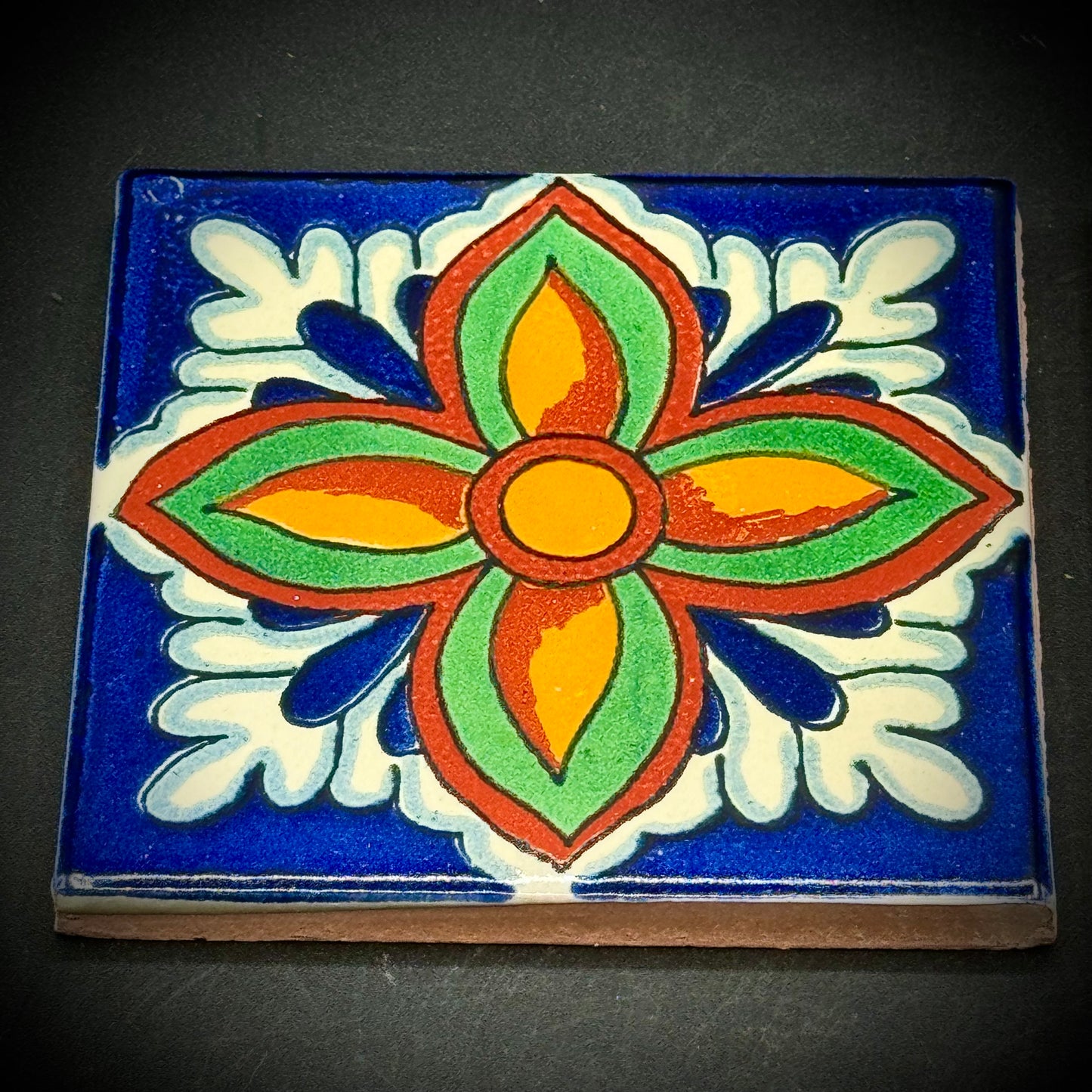 Pair of Hand Made Artisan Talavera Sun & Flower Motif Tiles/Trivets