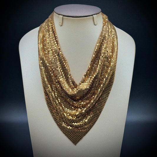 Vintage Whiting & Davis Gold Tone Mesh Bib Necklace