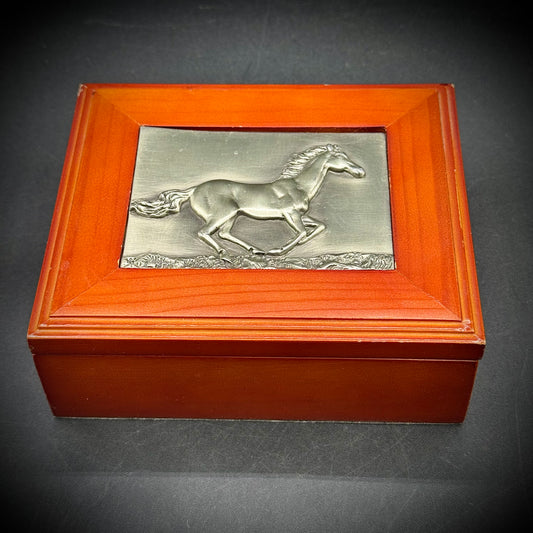 Lidded Wooden Box with Metal Horse Motif