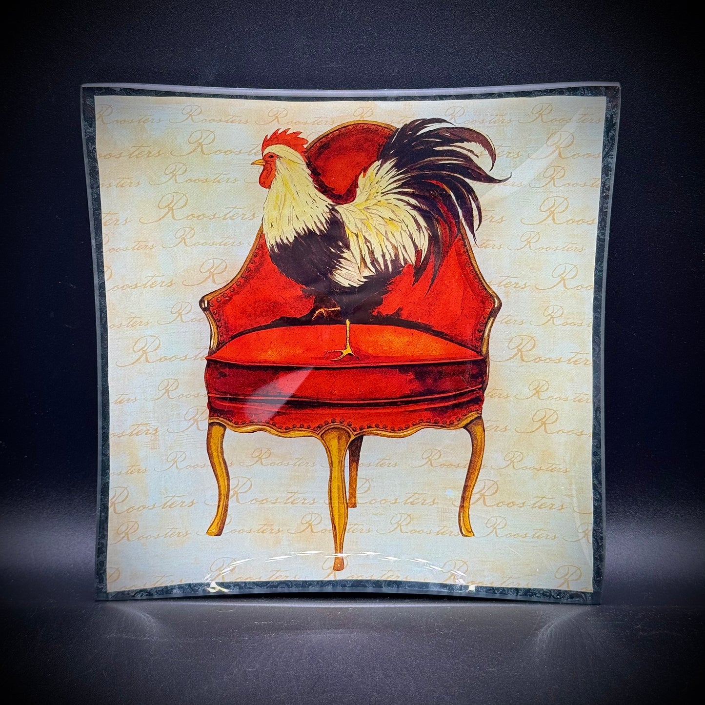 Convex Glass "Chicken on Chair" Motif Dish