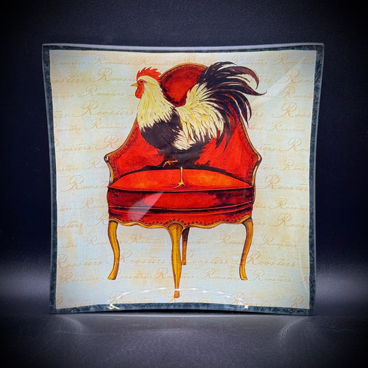 Convex Glass "Chicken on Chair" Motif Dish