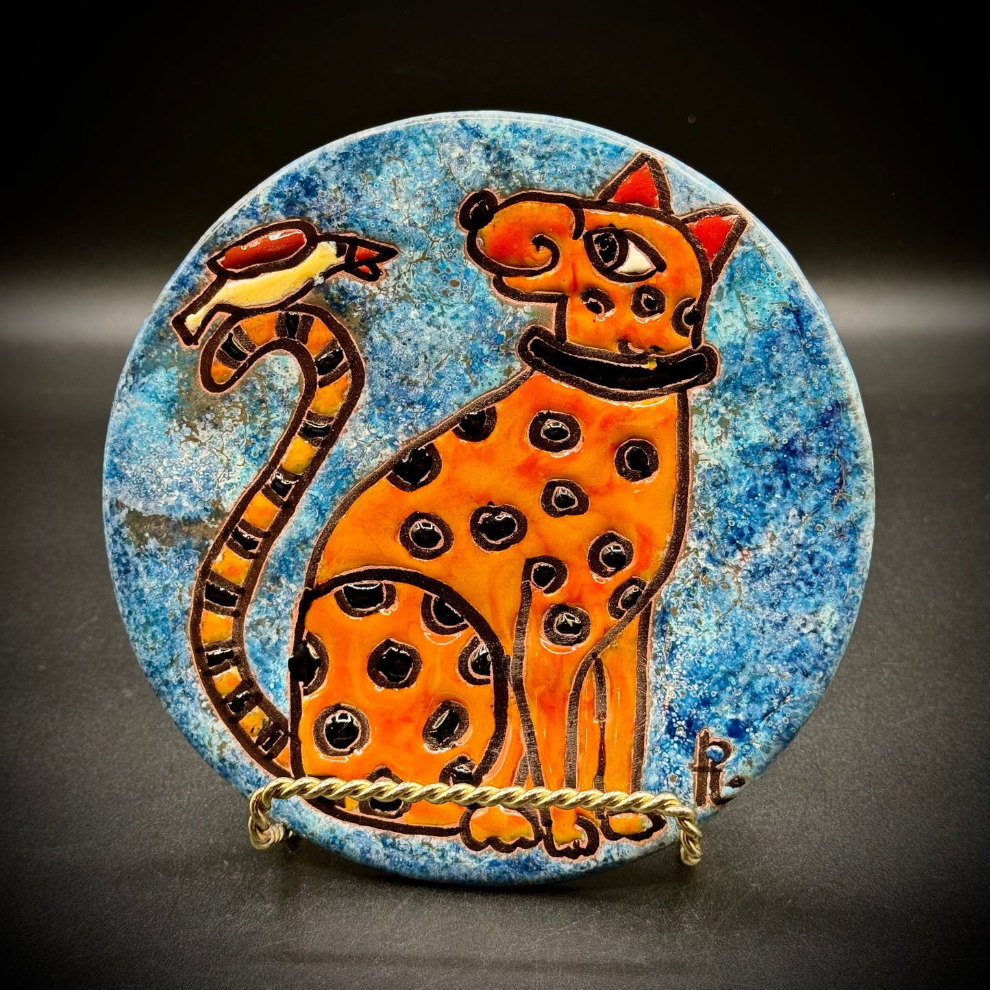 Mexican Pottery Whimsical Leopard with Bird Plate Artist Signed