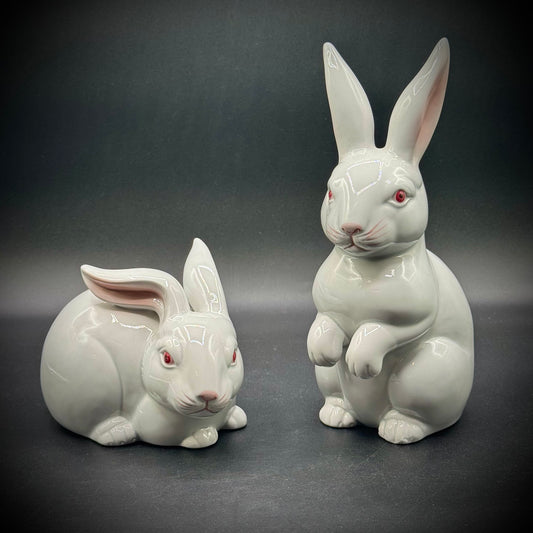 Pair of Vintage 1975 Hand Painted Fitz & Floyd Rabbit Figurines