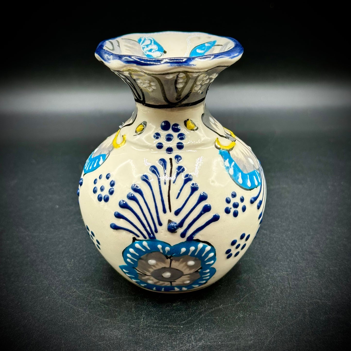 Artisan Talavera Blue & Cream Pottery Vase Signed