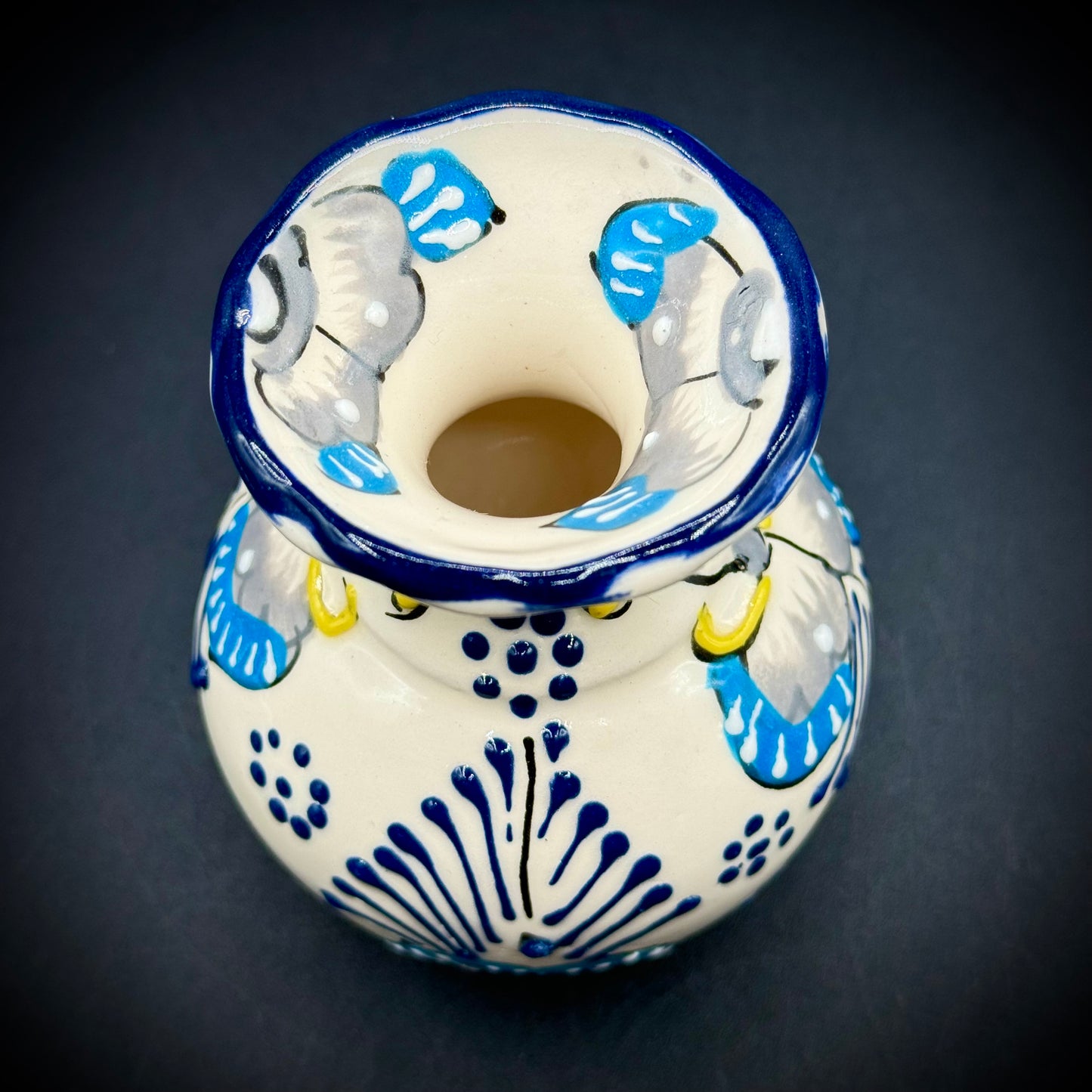 Artisan Talavera Blue & Cream Pottery Vase Signed