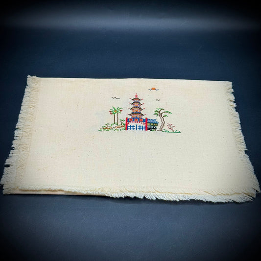 Pagoda Motif Hand Embroidered Vintage Linen Runner