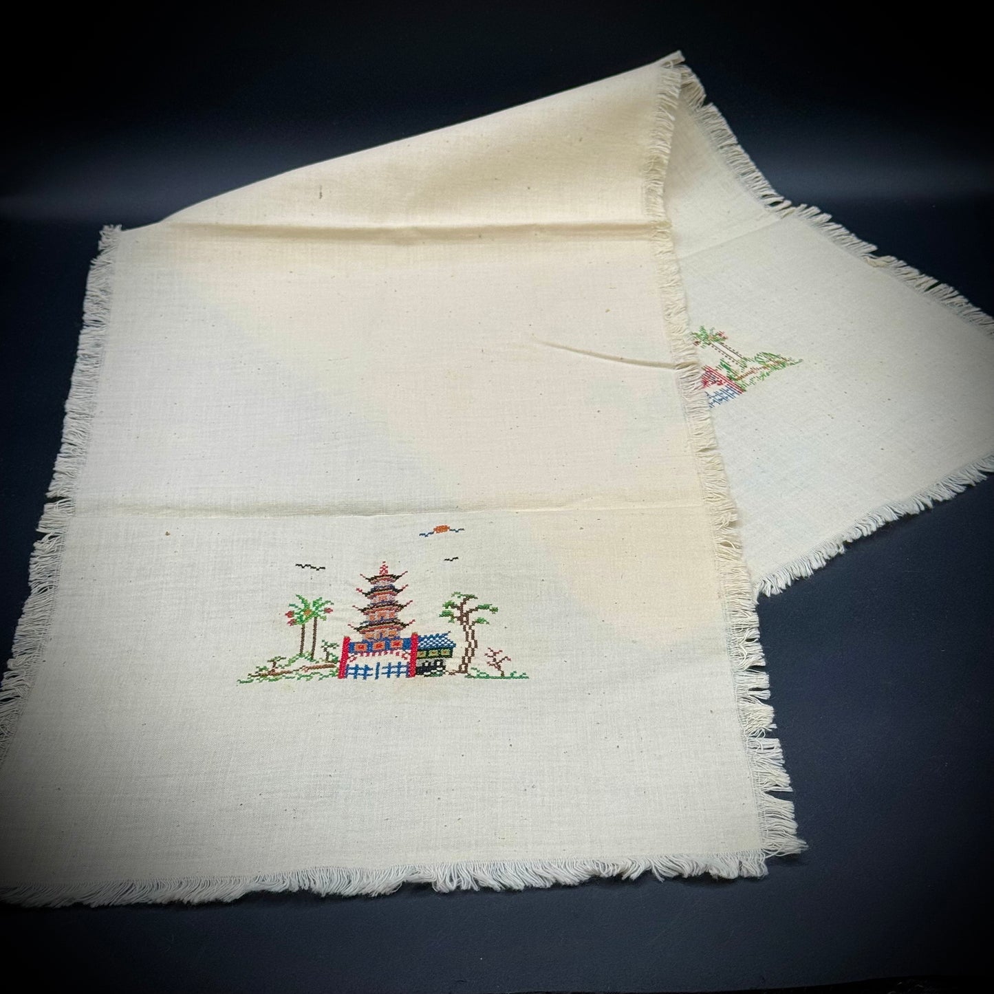 Pagoda Motif Hand Embroidered Vintage Linen Runner