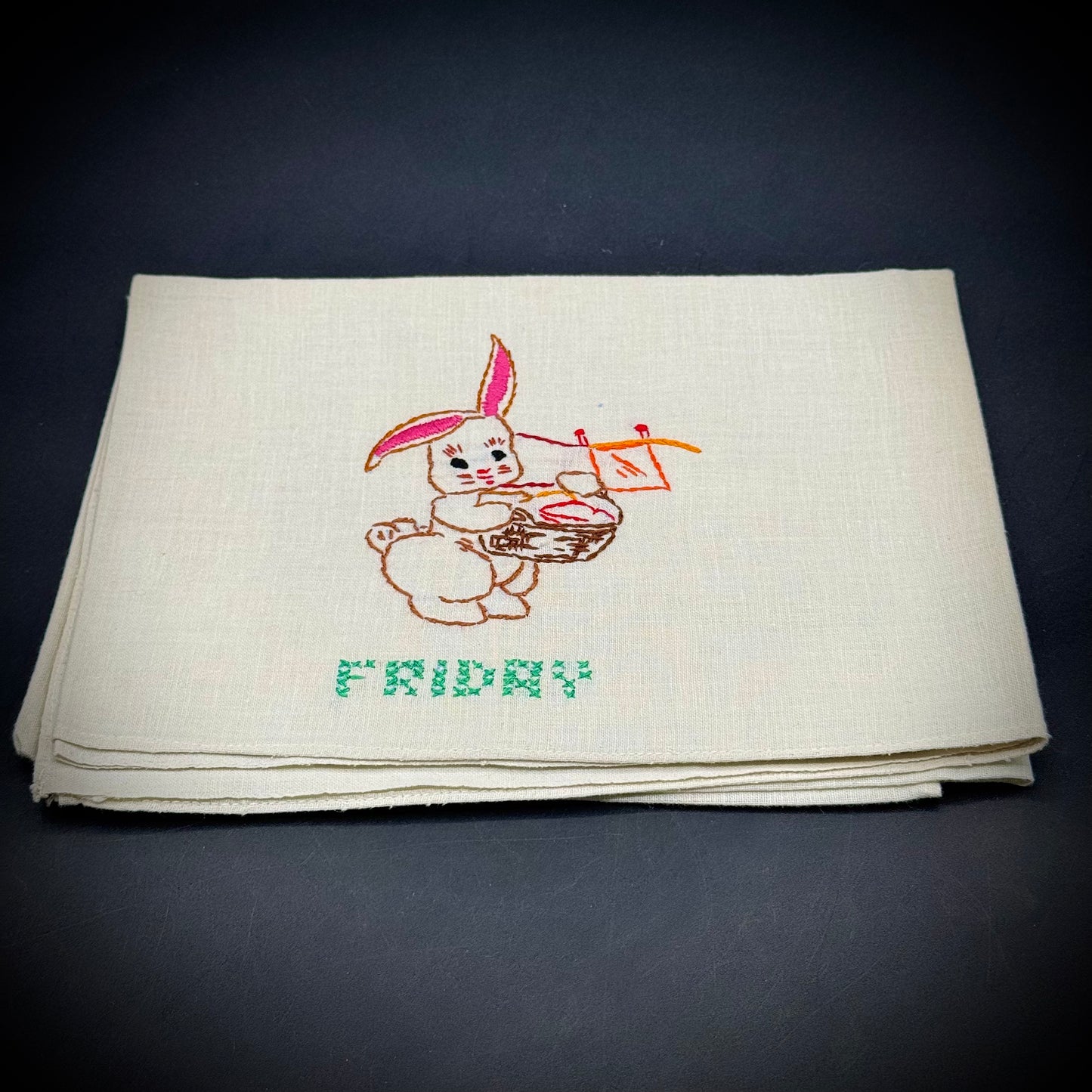Vintage Hand Embroidered Linen "Friday Bunny" Small Table Cloth
