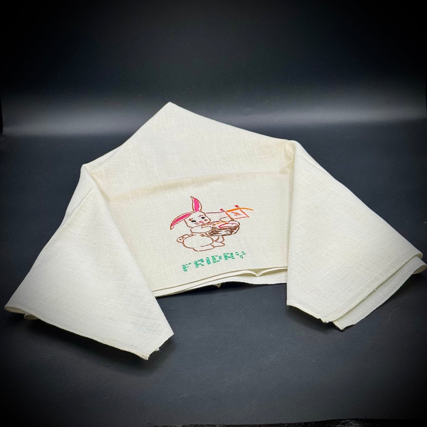 Vintage Hand Embroidered Linen "Friday Bunny" Small Table Cloth