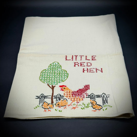 Vintage Hand Embroidered Linen "Little Red Hen" Small Table Cloth