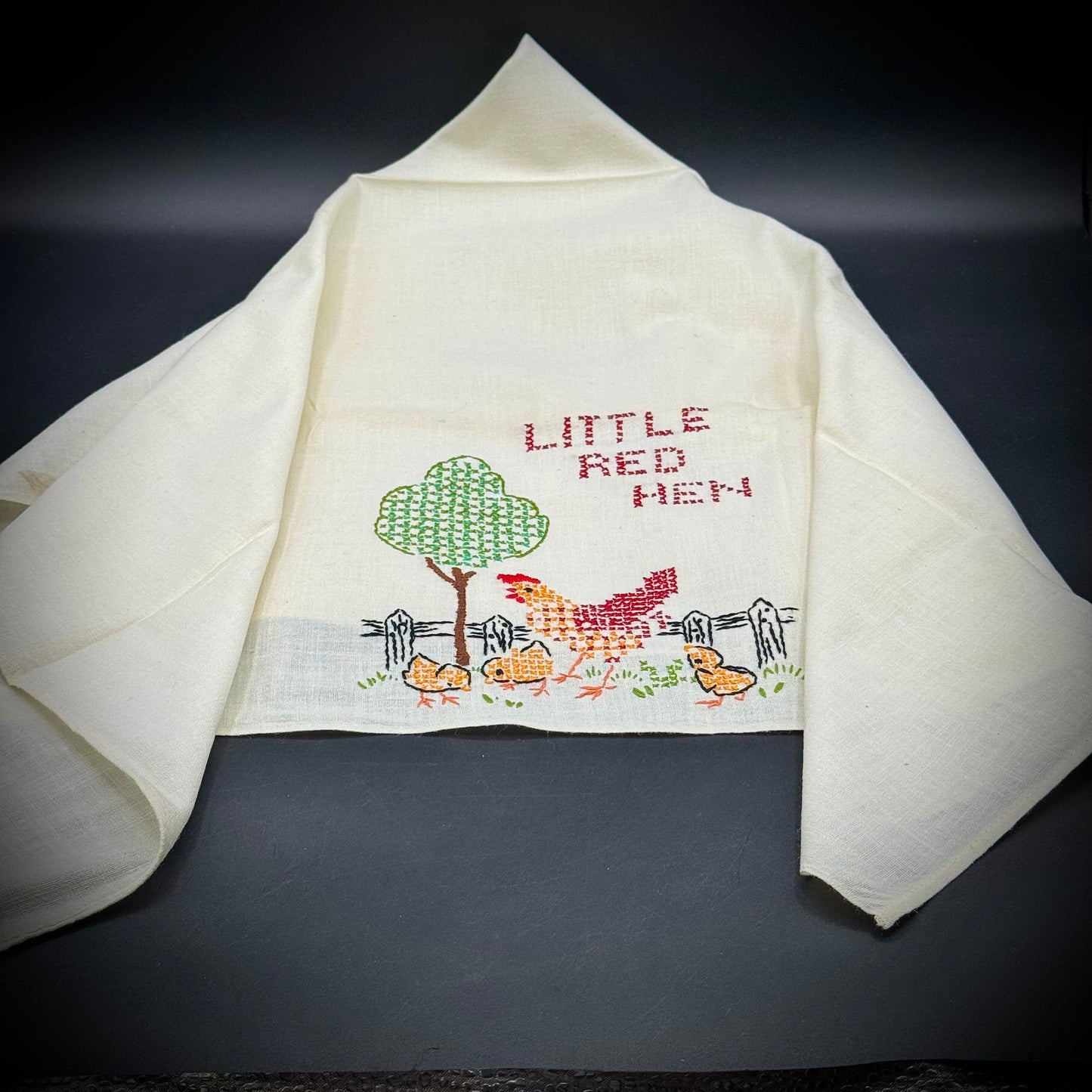 Vintage Hand Embroidered Linen "Little Red Hen" Small Table Cloth