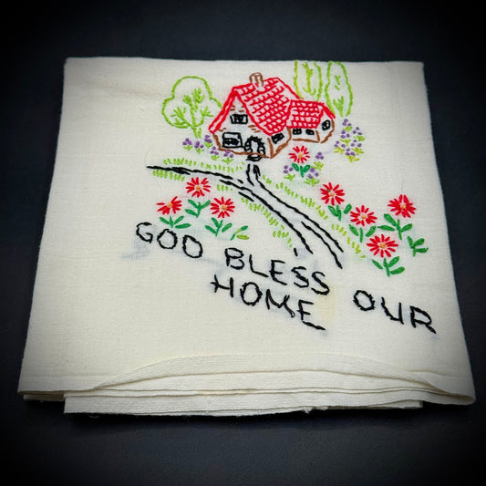 Vintage Hand Embroidered Linen "God Bless Our Home" Small Table Cloth