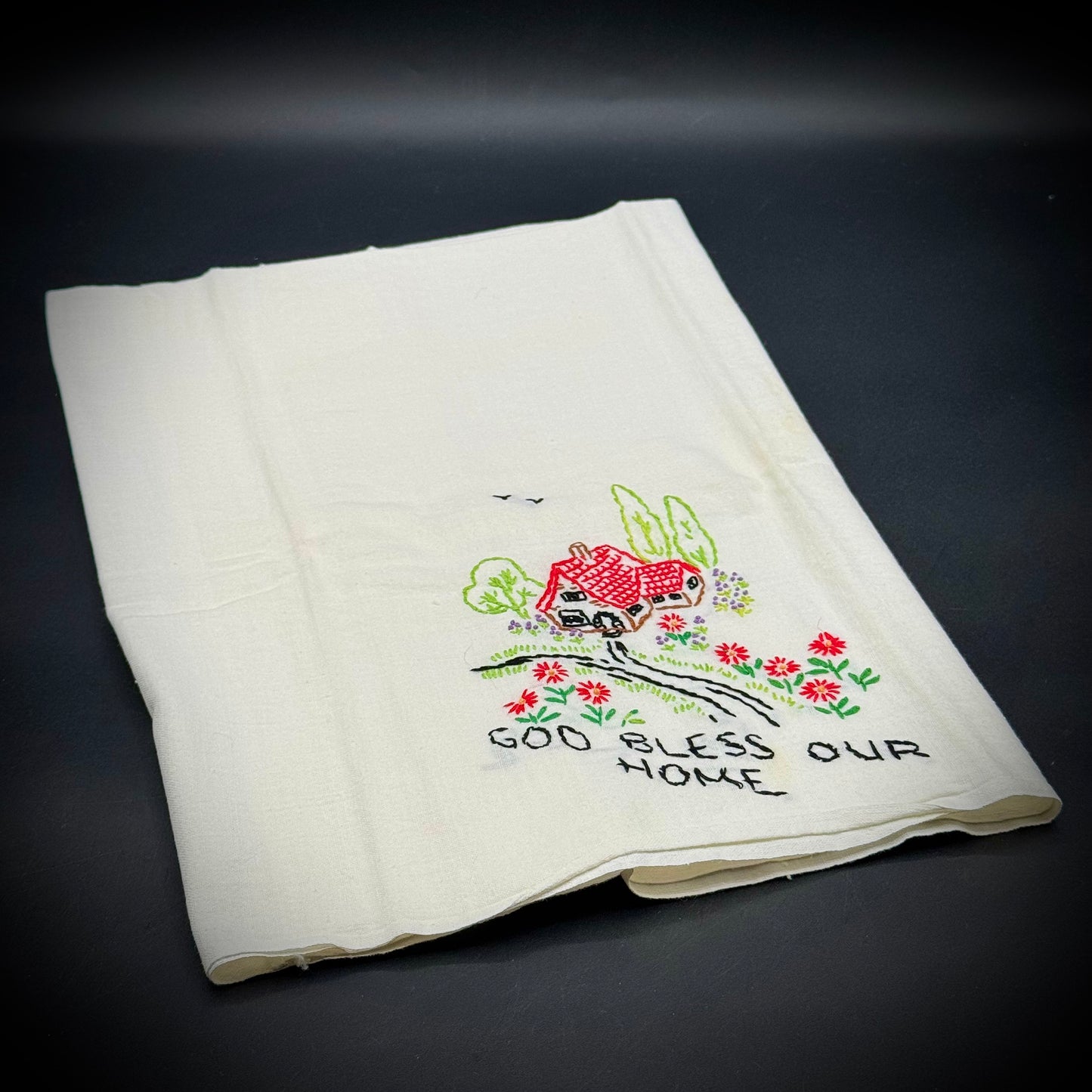 Vintage Hand Embroidered Linen "God Bless Our Home" Small Table Cloth