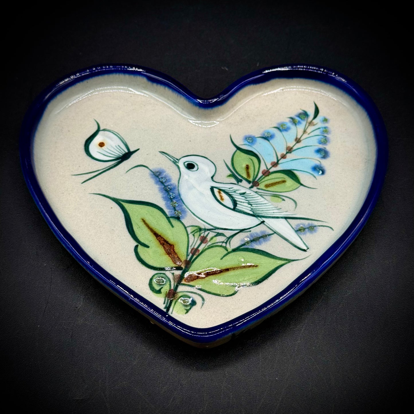 Ken Edwards Signed Mexican Tonala Pottery Heart Dish with Bird Motif