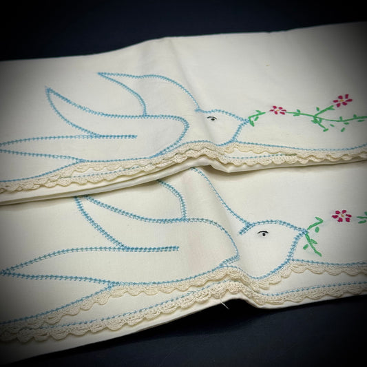 Vintage Linen Hand Embroidered Cottage Core Queen Sz Dove Motif Pillow Cases
