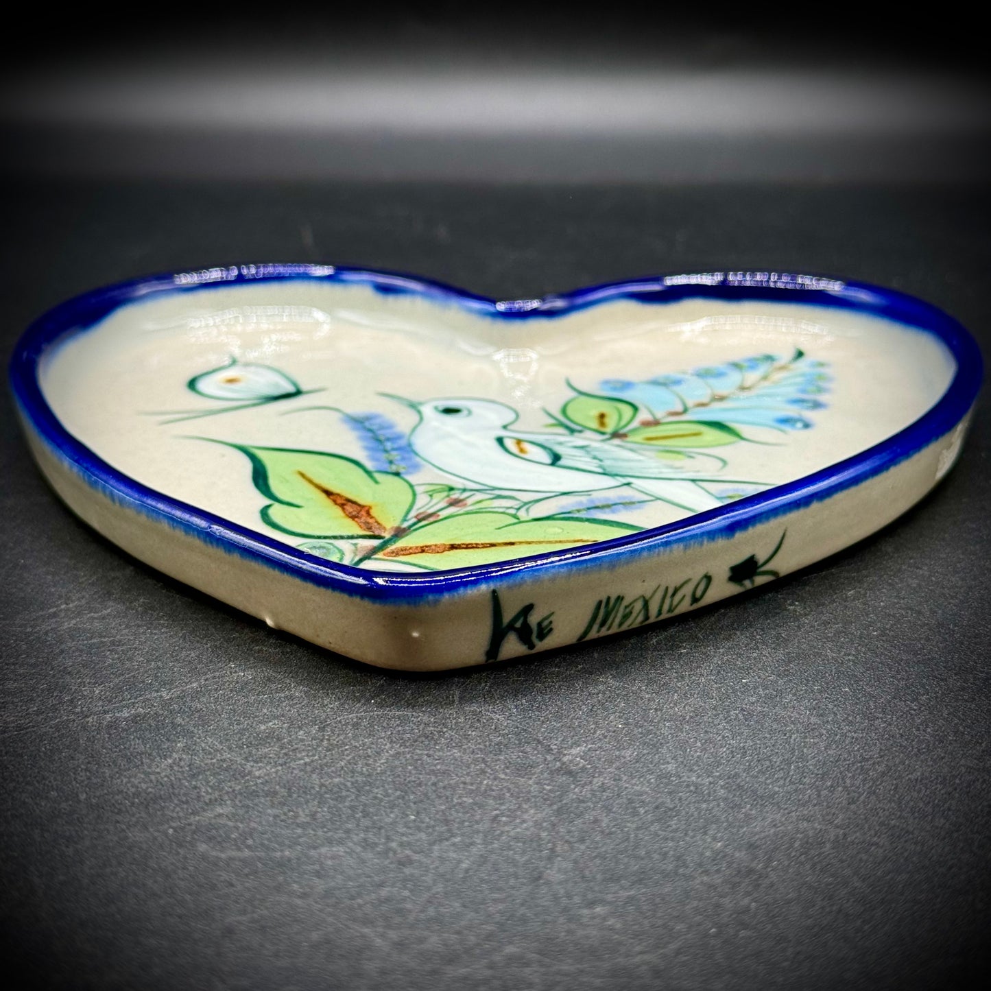 Ken Edwards Signed Mexican Tonala Pottery Heart Dish with Bird Motif