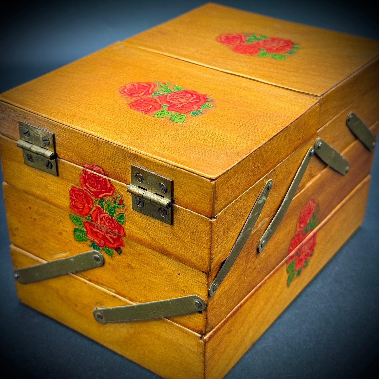 Vintage Small Wood Sewing Kit Box